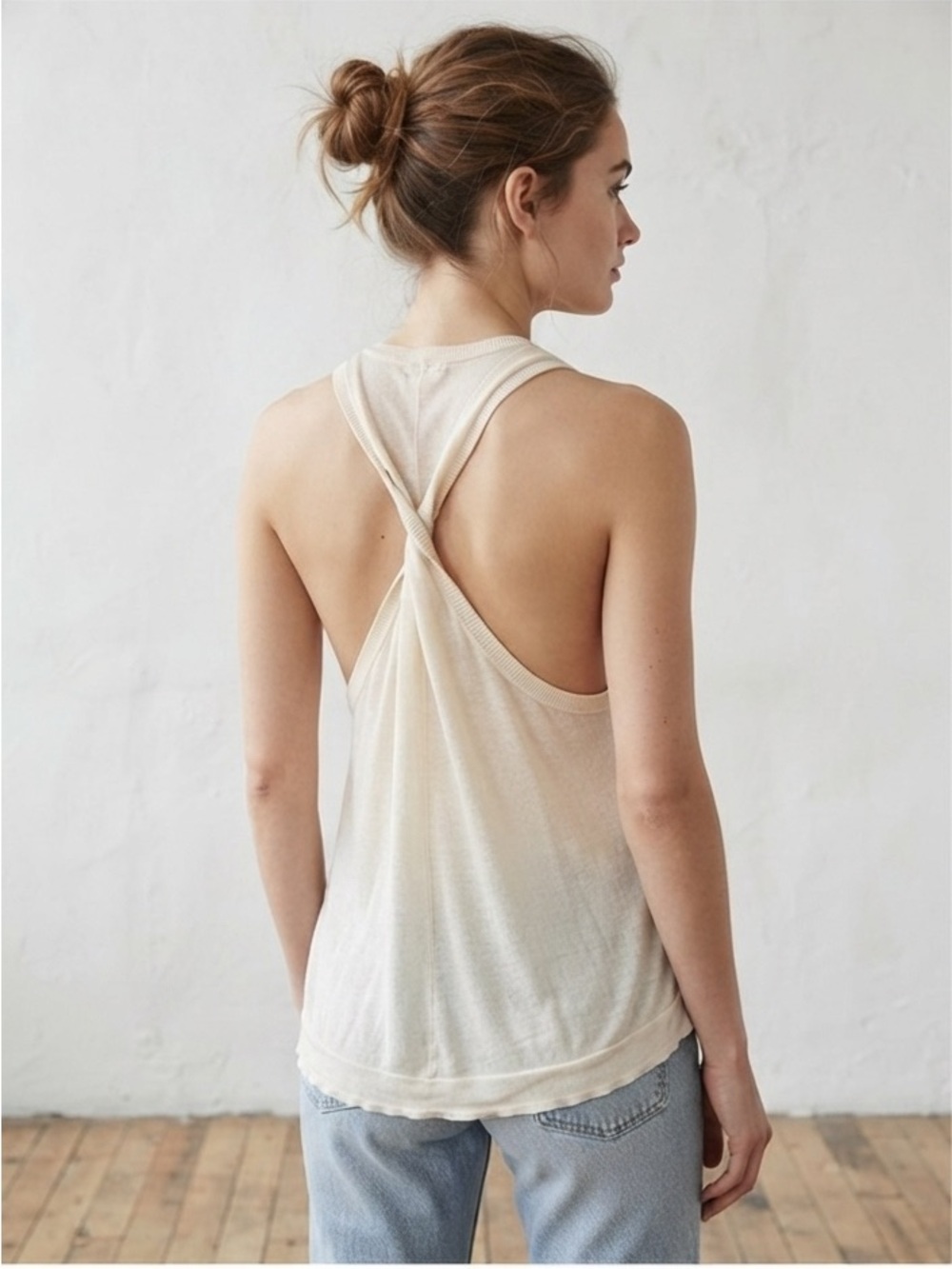 INHABIT Silk Cotton Knit Halter Top L Ivory Cream Twisted Open Back Sleeveless